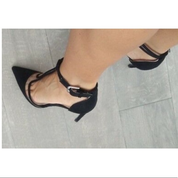 ZARA PLEXI BLACK SUEDE CLEAR VINYL ANKLE STRAPPY STILETTO HEELS POINTED TOE 8 - Picture 5 of 9